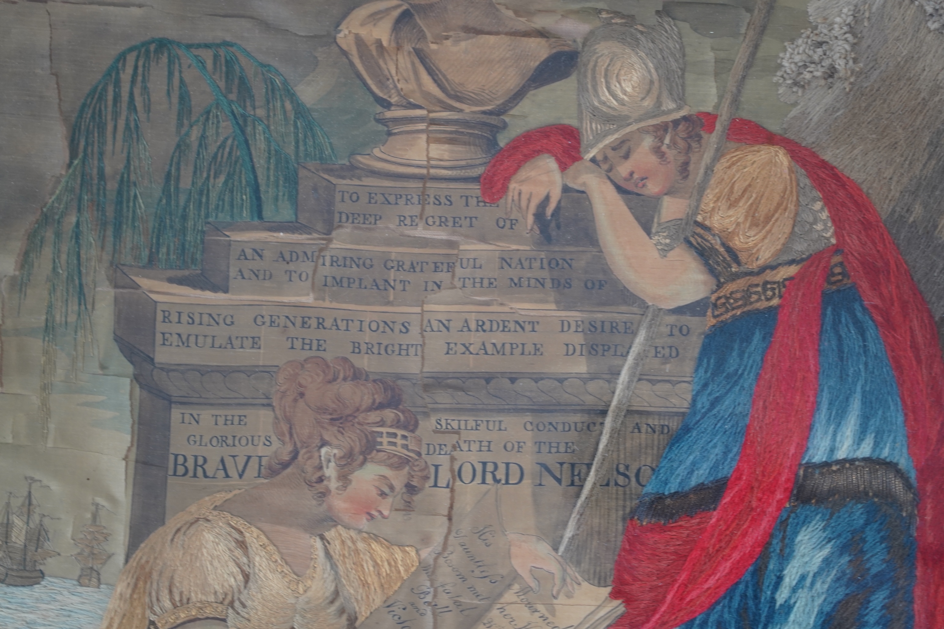 Lord Nelson interest: a gilt framed Regency silk worked embroidery, commemorating the life of Lord Nelson and his tragic death, 50cm wide x 62cm high